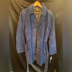 Dennis Basso Blue Suede Trench Coat - Size M